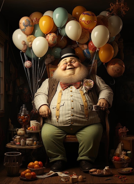 Uma pintura a óleo de um homem gordo e simpático sentado rodeado de balões