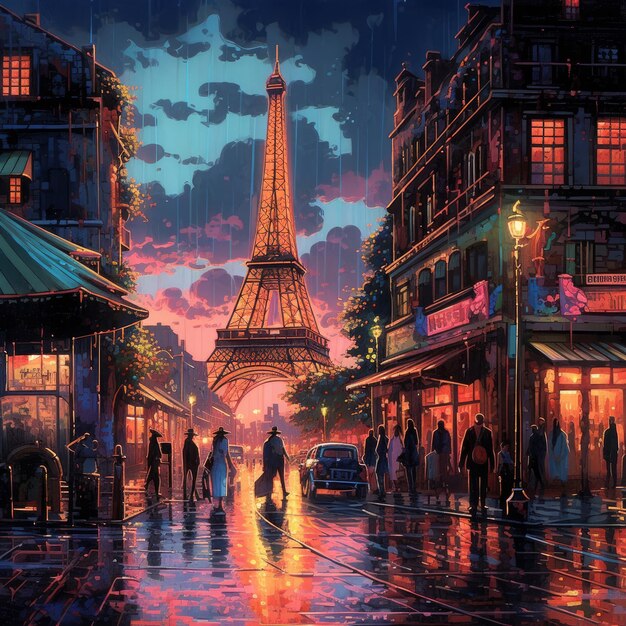 uma pintura a óleo de uma cena de rua parisiense animada