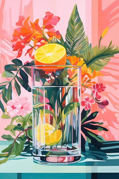 Foto uma pintura a óleo de uma mesa com um vaso de frutas e um vaso de frutas bebida cocktail mesa de jantar