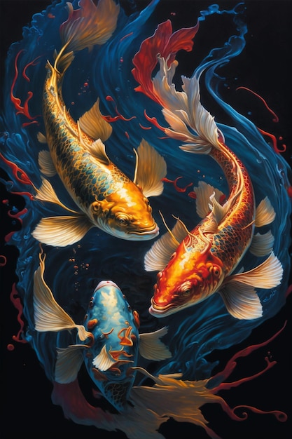 Uma pintura a óleo e folha de ouro pintando três peixes koi Generative Ai