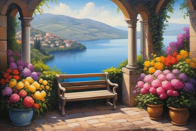 Foto uma pintura a óleo em lona de uma vista em direção ao lago em castel gandolfo, itália, com um banco romântico emoldurado por flores coloridas em flor
