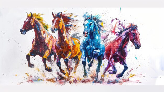 Uma pintura a óleo impressionista moderna com cavalos correndo em lona