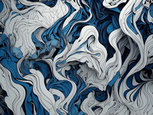 Uma pintura abstrata azul e branca com um fundo azul e branco.