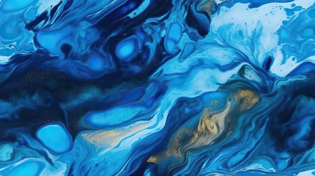 Uma pintura abstrata azul e dourada com fundo azul.