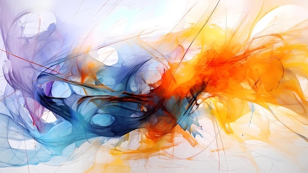 Uma pintura abstrata colorida com fundo azul e cores laranja e azul.
