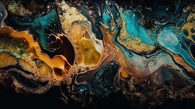 Uma pintura abstrata colorida com ouro e cores azuis.