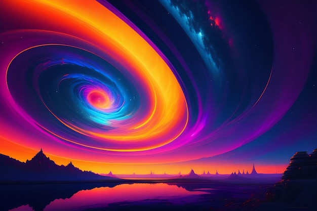 Uma pintura abstrata colorida com um redemoinho de arco-íris no meio.