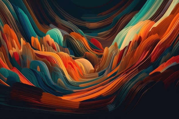 Uma pintura abstrata com cores vibrantes contra um pano de fundo escuro