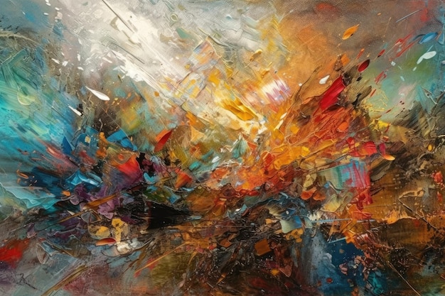 Uma pintura abstrata com cores vibrantes e várias formas