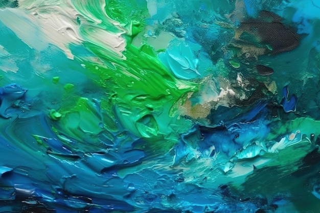 Uma pintura abstrata com esquema de cores azul, verde e branco Generative AI