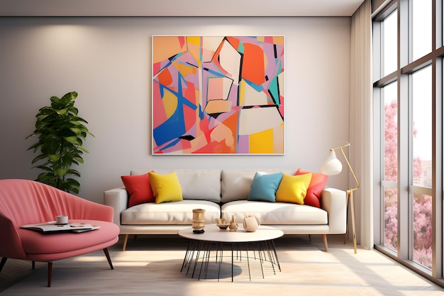 uma pintura abstrata com um toque moderno inspirada nas cores e padrões de uma sala de estar moderna