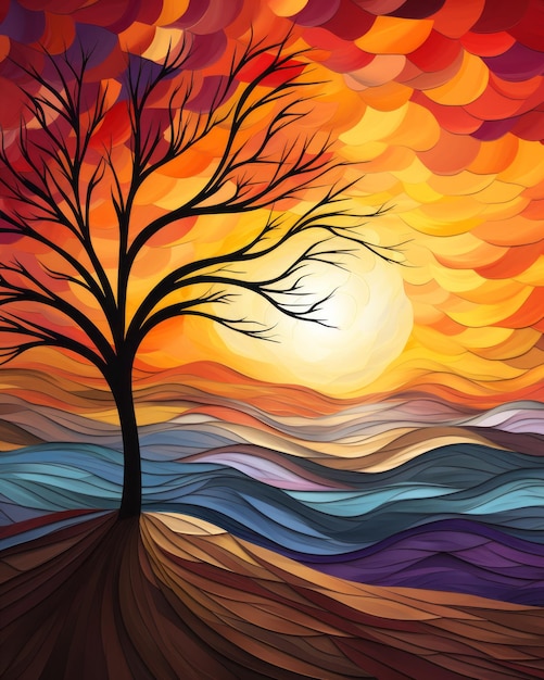 uma pintura abstrata de uma árvore com um pôr do sol ao fundo