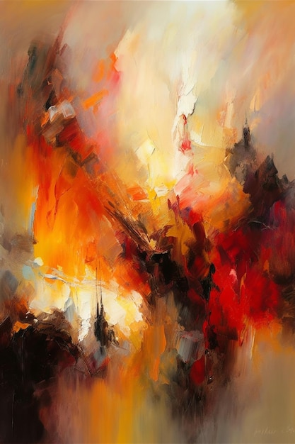 Uma pintura abstrata de uma cidade com um fundo vermelho e laranja.