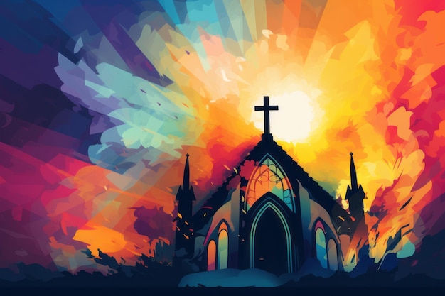 Foto uma pintura abstrata de uma igreja com uma cruz no céu