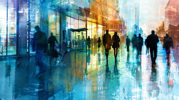 Uma pintura abstrata de uma rua da cidade com pessoas passando