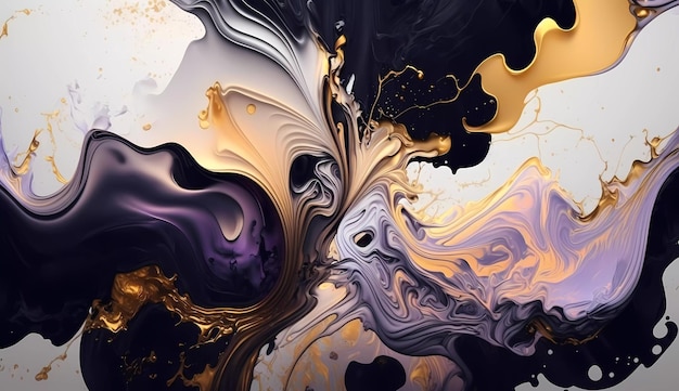 Uma pintura abstrata preta e dourada com um fundo roxo e dourado.