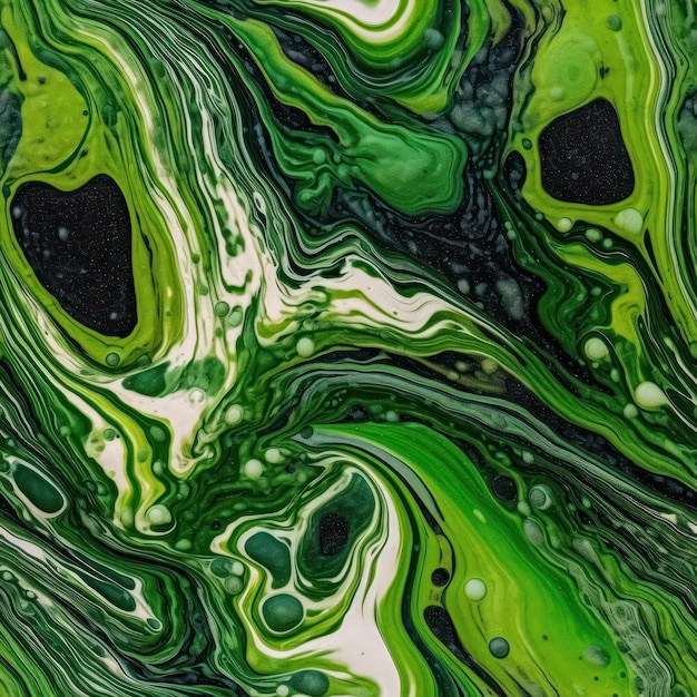 Uma pintura abstrata verde e preta com um fundo preto.