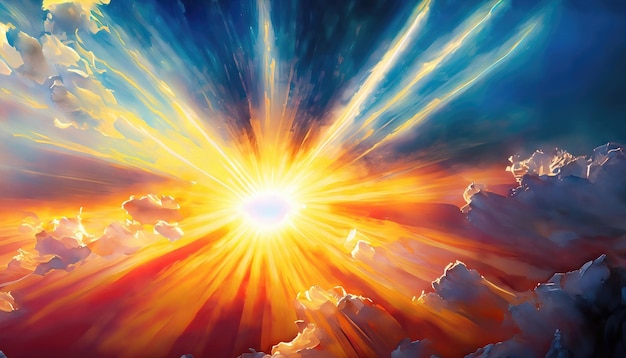 Uma pintura abstrata vibrante de um céu ensolarado com raios de luz