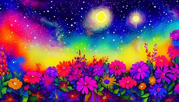 Uma pintura abstrata vibrante de um jardim de flores com um céu noturno estrelado e brilhante