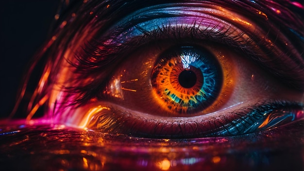 Uma pintura abstrata vibrante de um olho humano cercado por luz neon