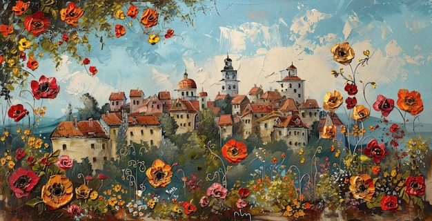 uma pintura acrílica mostrando uma cidade antiga