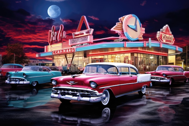 Uma pintura atmosférica capturando uma cena de carros antigos estacionados em frente a uma lanchonete americana clássica Carros clássicos em uma cena de lanchonete dos anos 50 gerada por IA