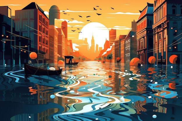 Foto uma pintura cativante que retrata uma cidade cênica ao pôr do sol com um barco flutuando graciosamente na água uma ilustração de uma família reunida em torno de uma lareira ai gerado