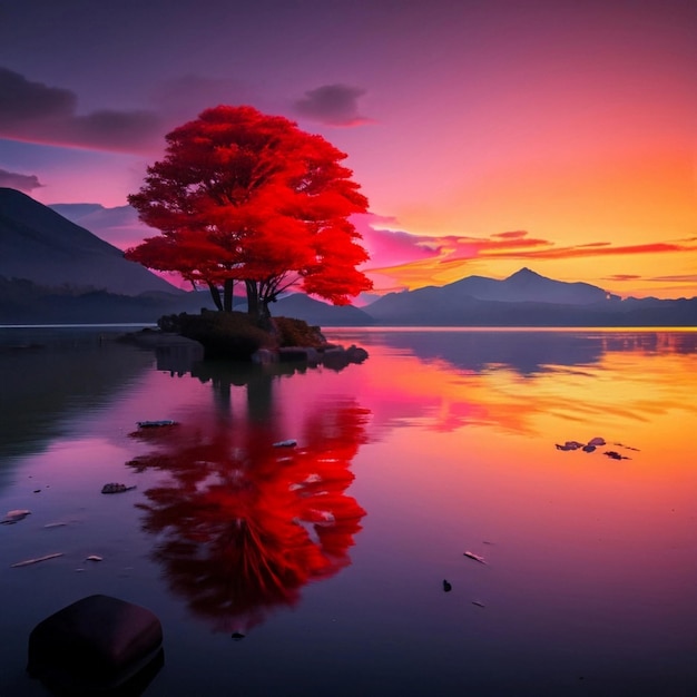 Uma pintura cinematográfica de uma árvore de fogo brilhando no meio de um lago iluminado pelo pôr do sol