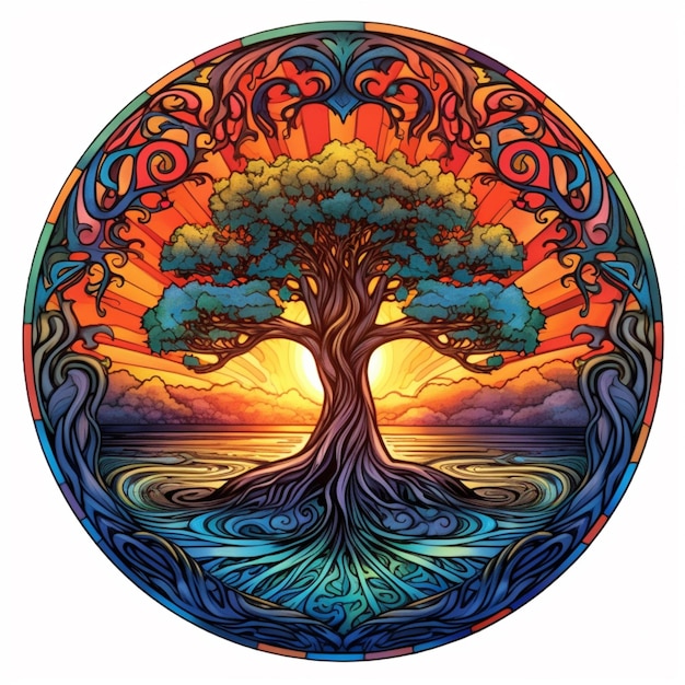 Uma pintura circular de uma árvore com um pôr do sol ao fundo generative ai