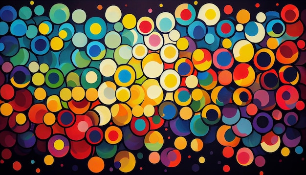 Uma pintura colorida com círculos que diz "a palavra arte" nela