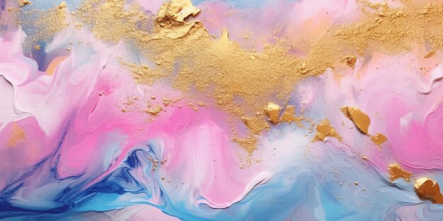 Uma pintura colorida com tinta dourada e tinta rosa e azul