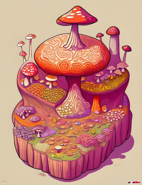 Uma pintura colorida de cogumelos e cogumelos com um topo roxo.