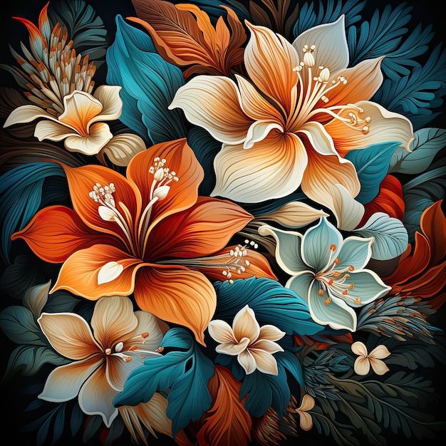 Uma pintura colorida de flores com folhas laranjas e azuis.