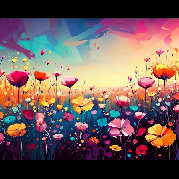 uma pintura colorida de flores e a palavra amor no canto inferior direito.