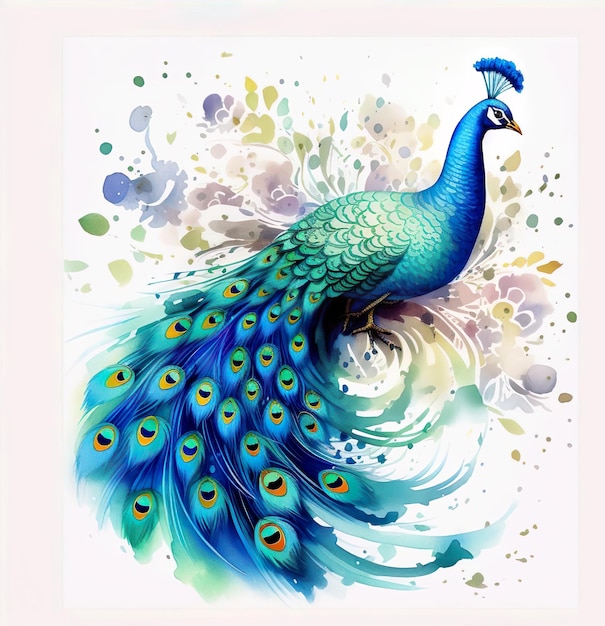 Uma pintura colorida de pássaro pavão com cauda azul está sobre fundo branco