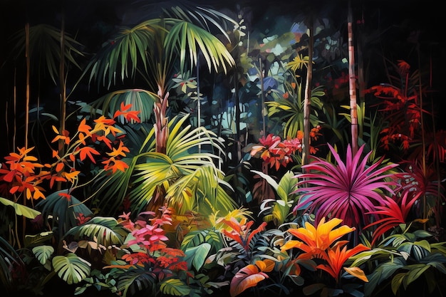 Uma pintura colorida de plantas tropicais e a palavra selva