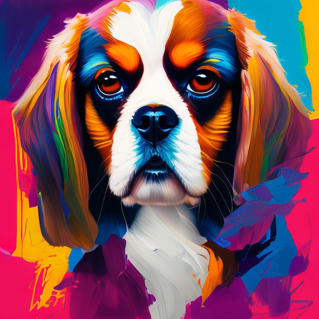 Uma pintura colorida de um cachorro com rosto branco e olhos azuis