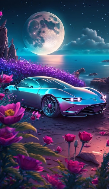 Uma pintura colorida de um carro com a lua ao fundo.