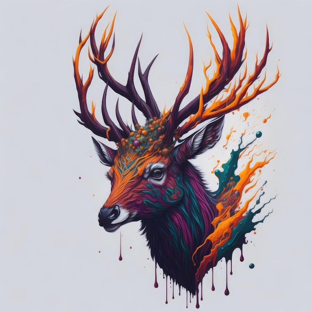 Uma pintura colorida de um cervo com rosto e chifres.