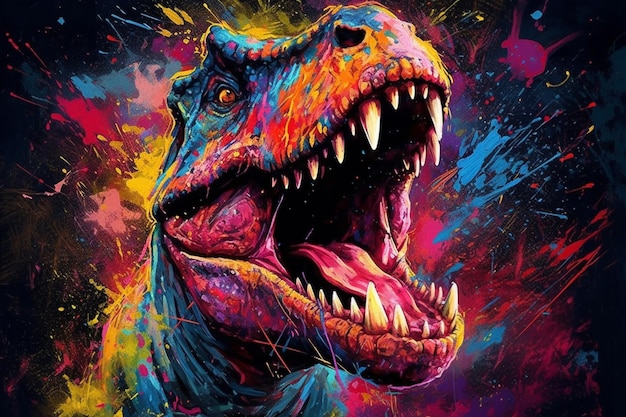 Uma pintura colorida de um dinossauro com a boca aberta e a palavra t - rex na frente.