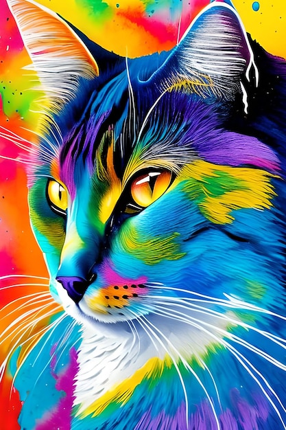 Uma pintura colorida de um gato com a palavra gato nele.