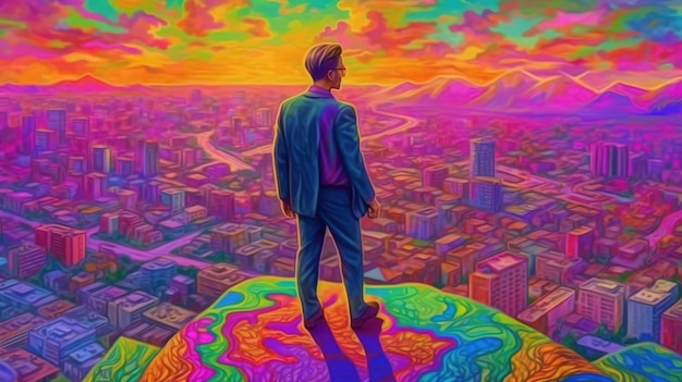 Uma pintura colorida de um homem parado em um penhasco olhando para uma cidade.