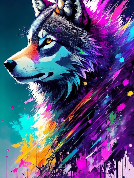 Uma pintura colorida de um lobo