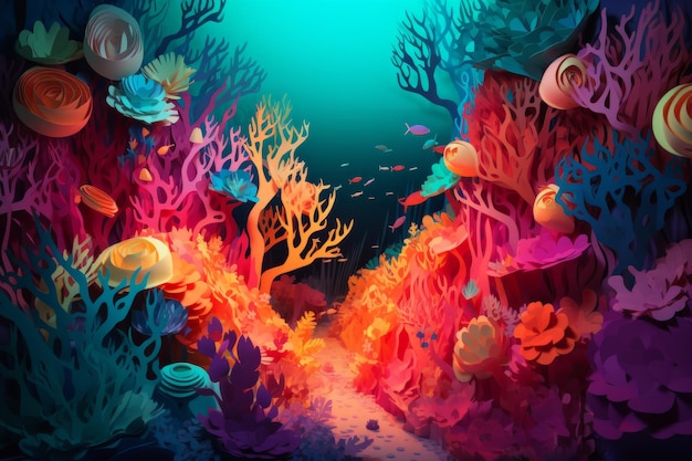 Uma pintura colorida de um mar com um recife de coral e um peixe nadando nele.