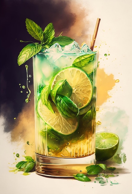 Uma pintura colorida de um mojito com folhas de limão e hortelã