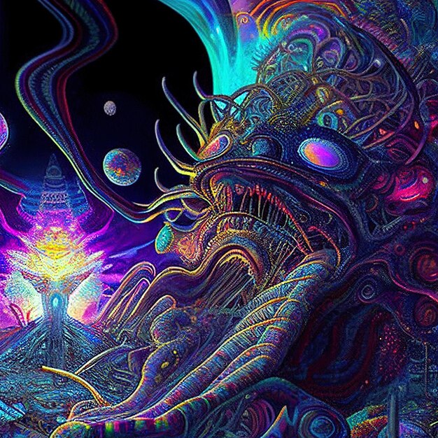 Foto uma pintura colorida de um monstro com a palavra alienígena nele