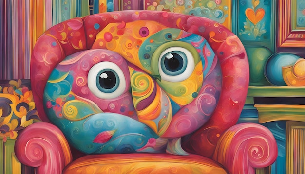 uma pintura colorida de um papagaio colorido com olhos e um padrão colorido