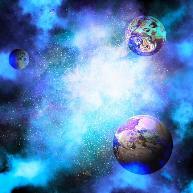 Uma pintura colorida de um planeta com um planeta ao fundo