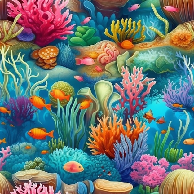 Uma pintura colorida de um recife de coral com um peixe nele.