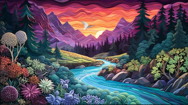 Uma pintura colorida de um rio e montanhas com um pássaro voando sobre ele.